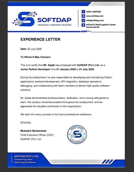 Junior Python Developer Experience Letter - SoftDAP